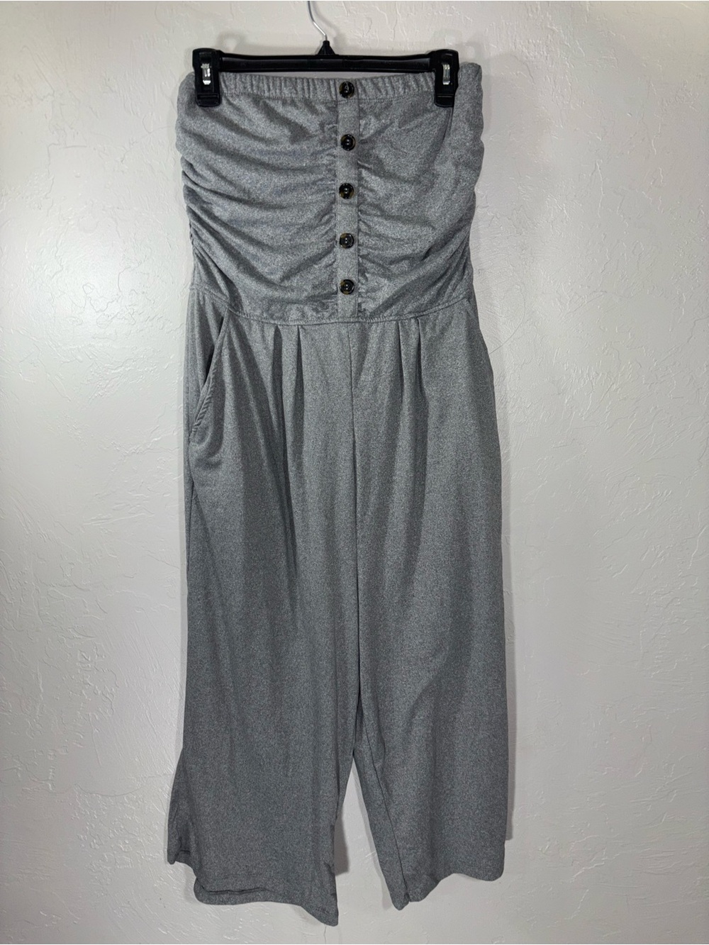 J for Justify Strapless Gray Wide-Leg Romper with Button Front